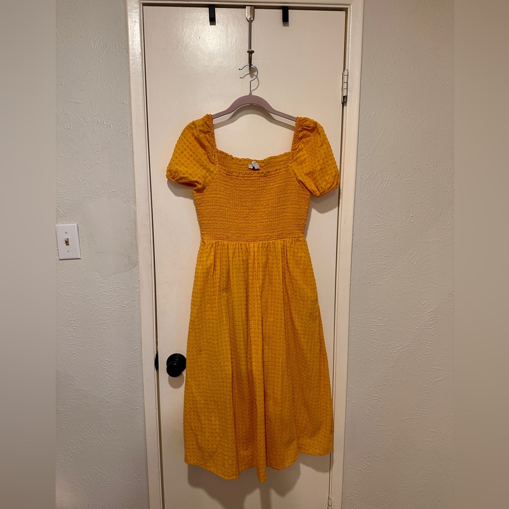 LOFT Golden Smocked Yellow Midi Dress